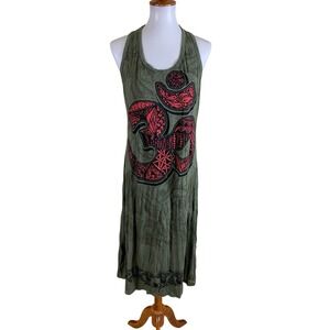 Babu Boho Green Om Symbol Sleeveless Midi Dress Festival Hippie Cotton Large